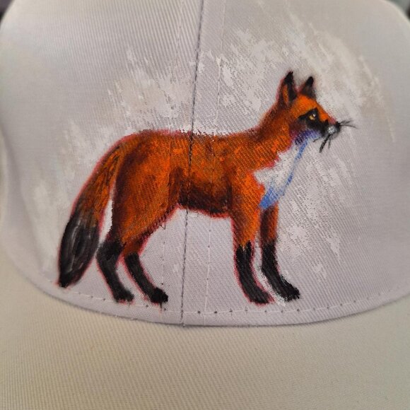 Hand-Painted Fox Hat on White Baseball Hat. - Picture 5 of 10